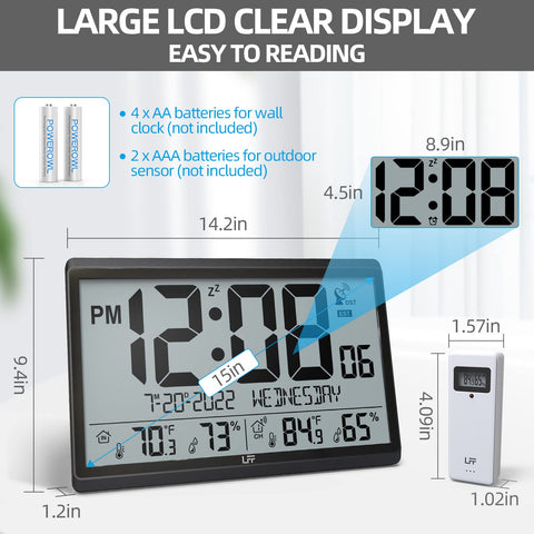 LFF Atomic Clock wireless connection graphic emphasizes remote temperature and humidity data.