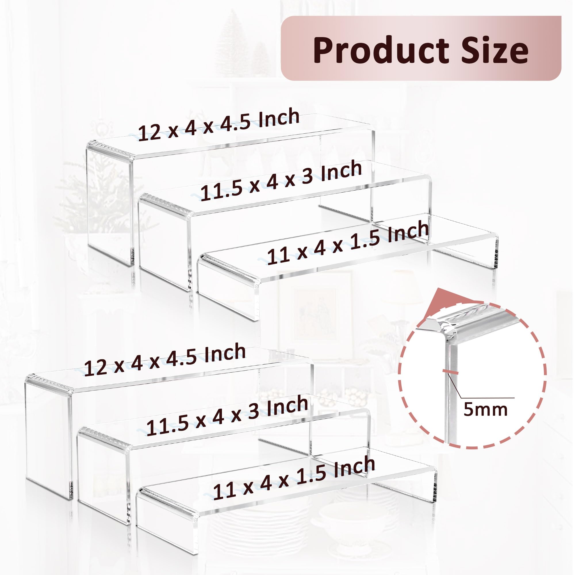 LFTYTUO clear acrylic risers create a floating, layered display on shelves.