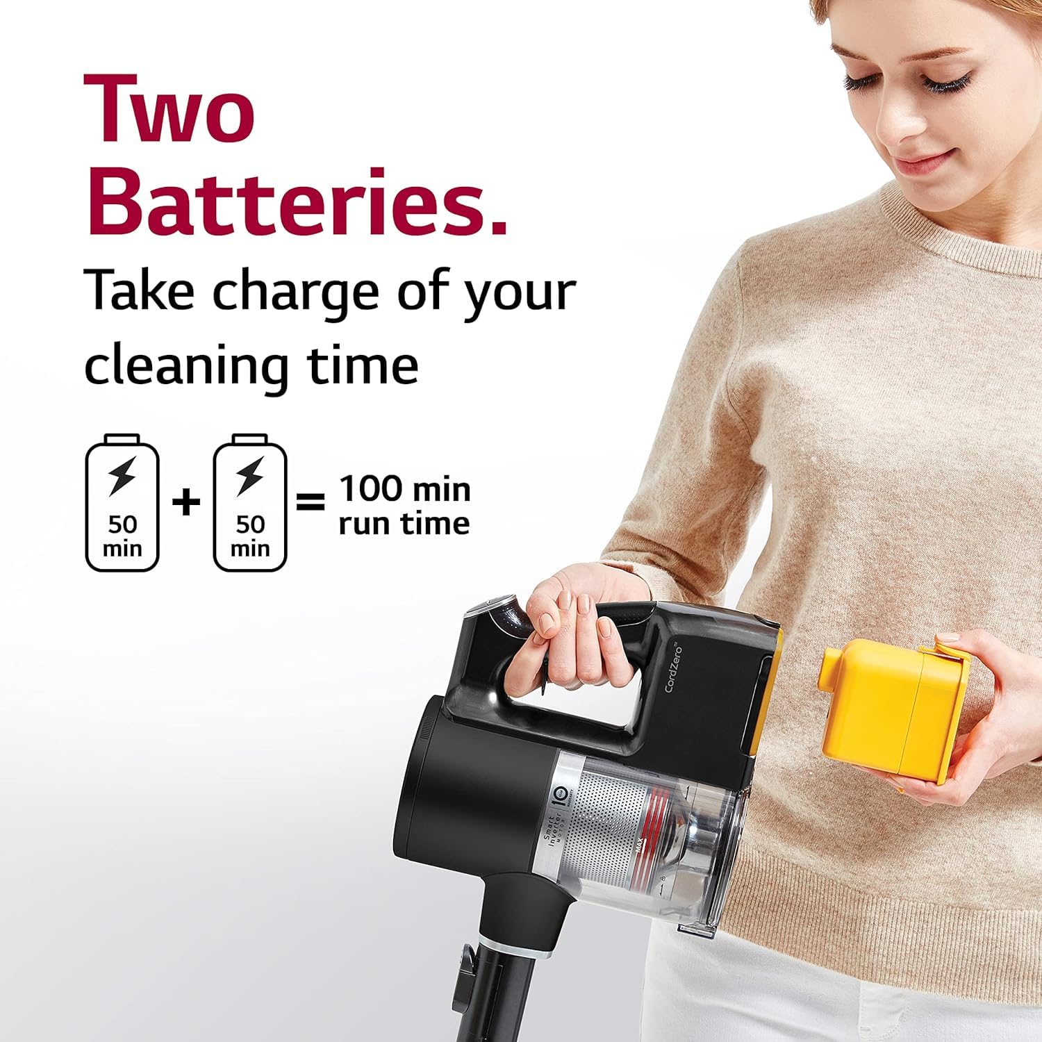 LG CordZero charging stand stores tools and charges the second battery