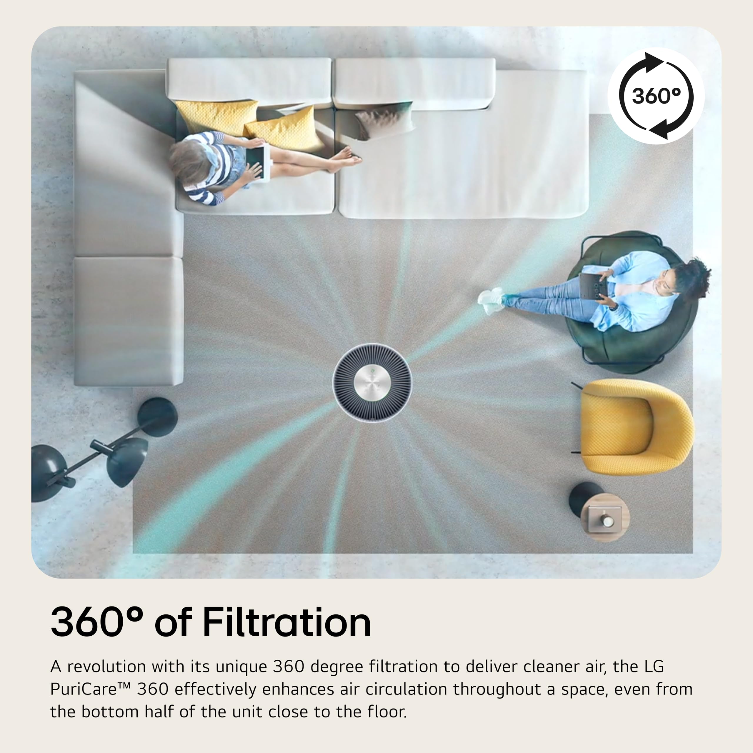 LG PuriCare 360 activated carbon filter reduces odors and freshens rooms.