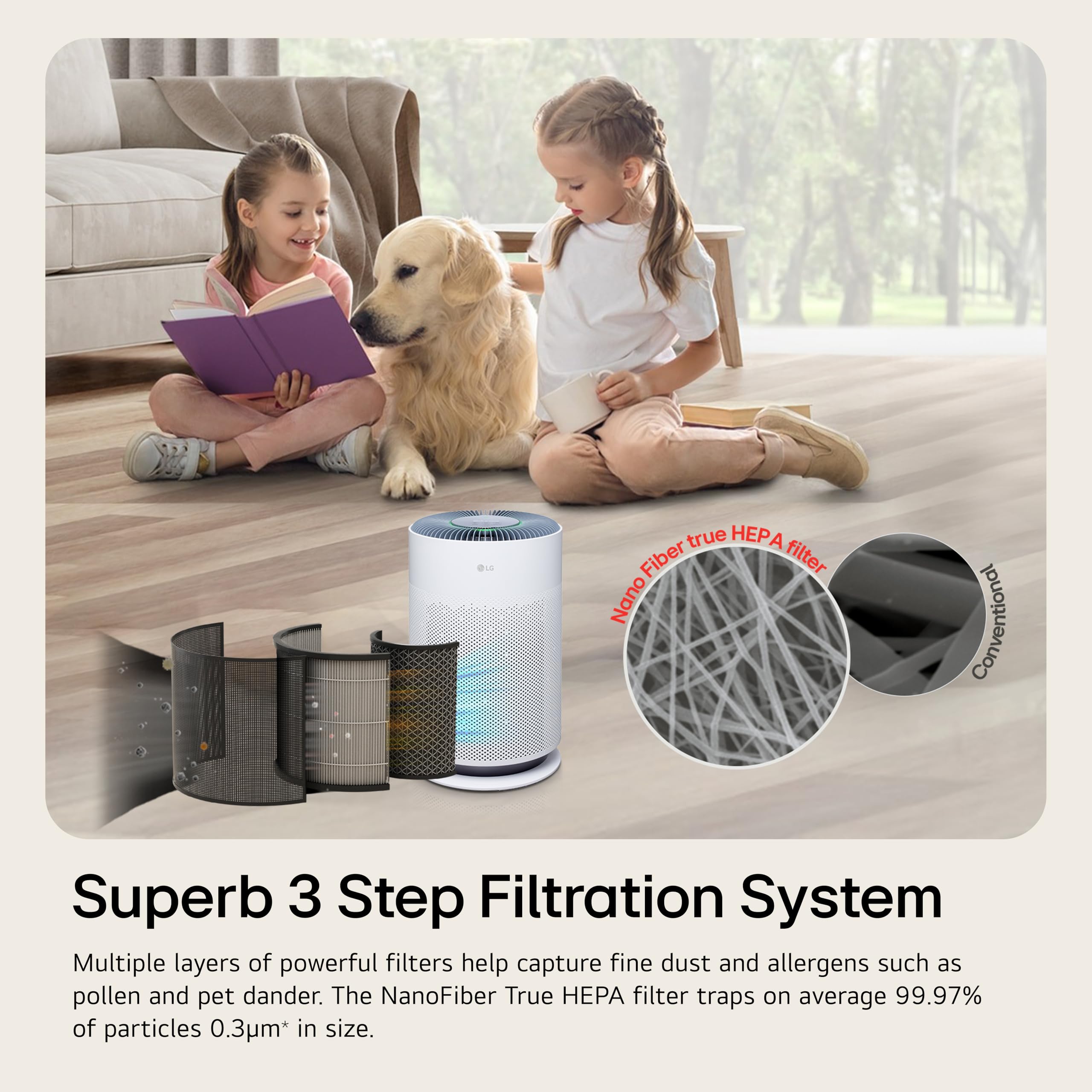 LG PuriCare 360 filter system illustrating three-stage filtration for better indoor air.