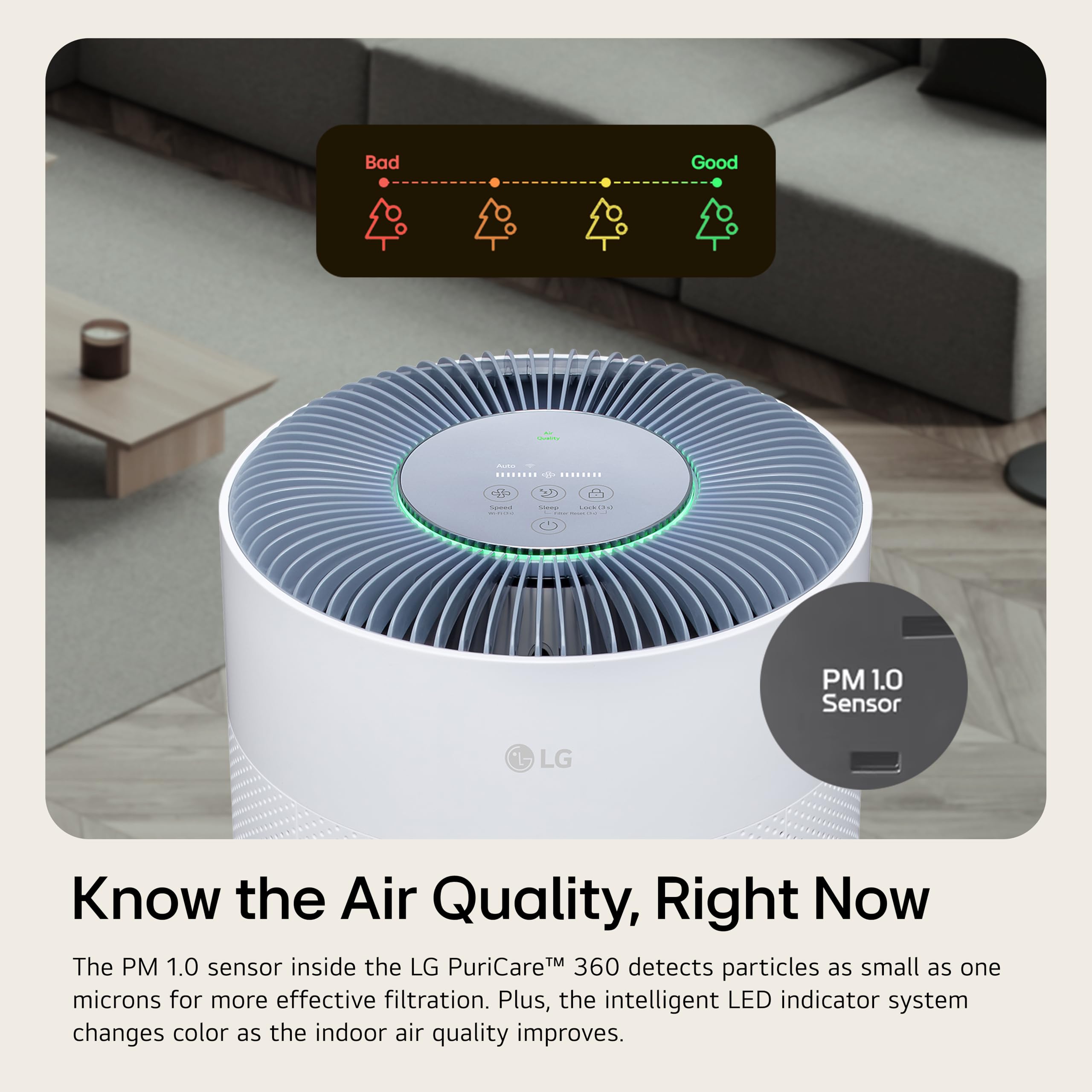 LG PuriCare 360 pre-filter captures larger debris for sustained performance.
