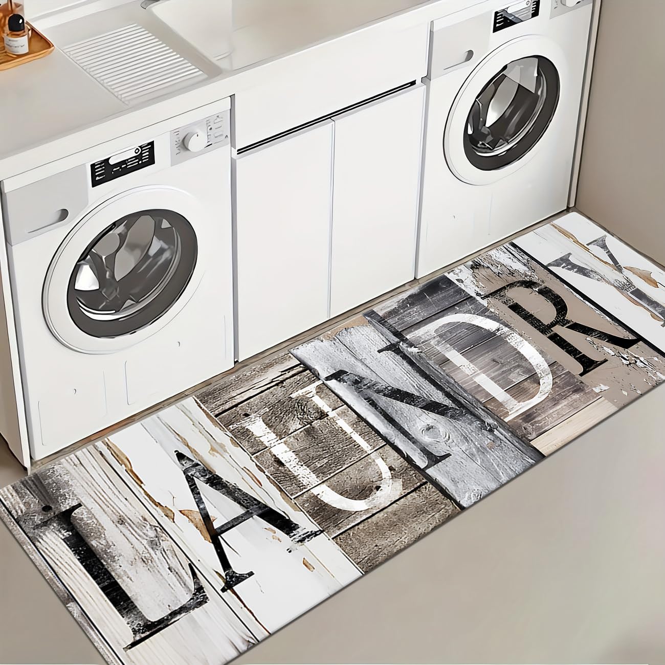 LHAIFA laundry room rug 20x59 inch brown with non-slip backing for secure footing.