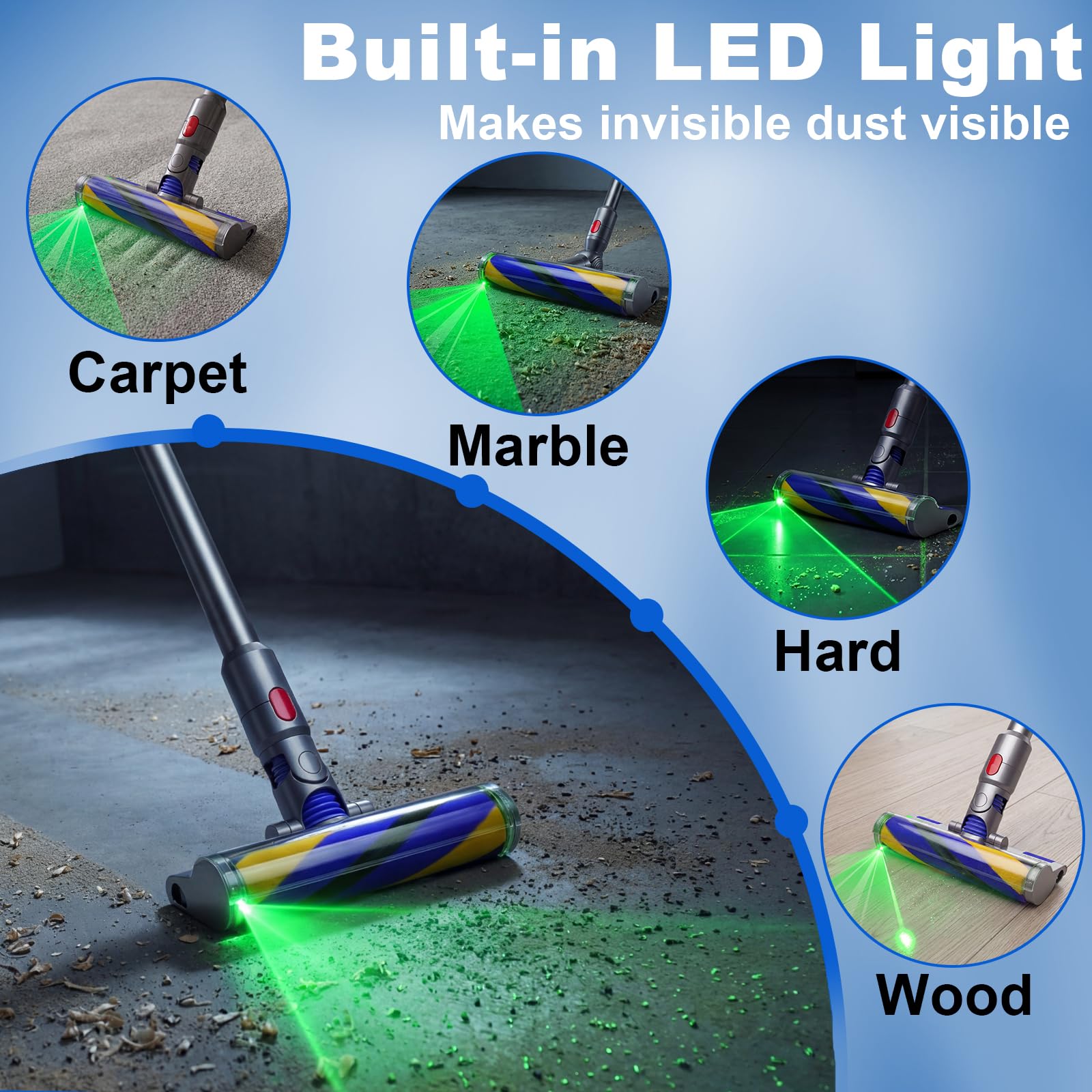 LhhTing green LED dust detect confirms debris pickup during vacuuming.
