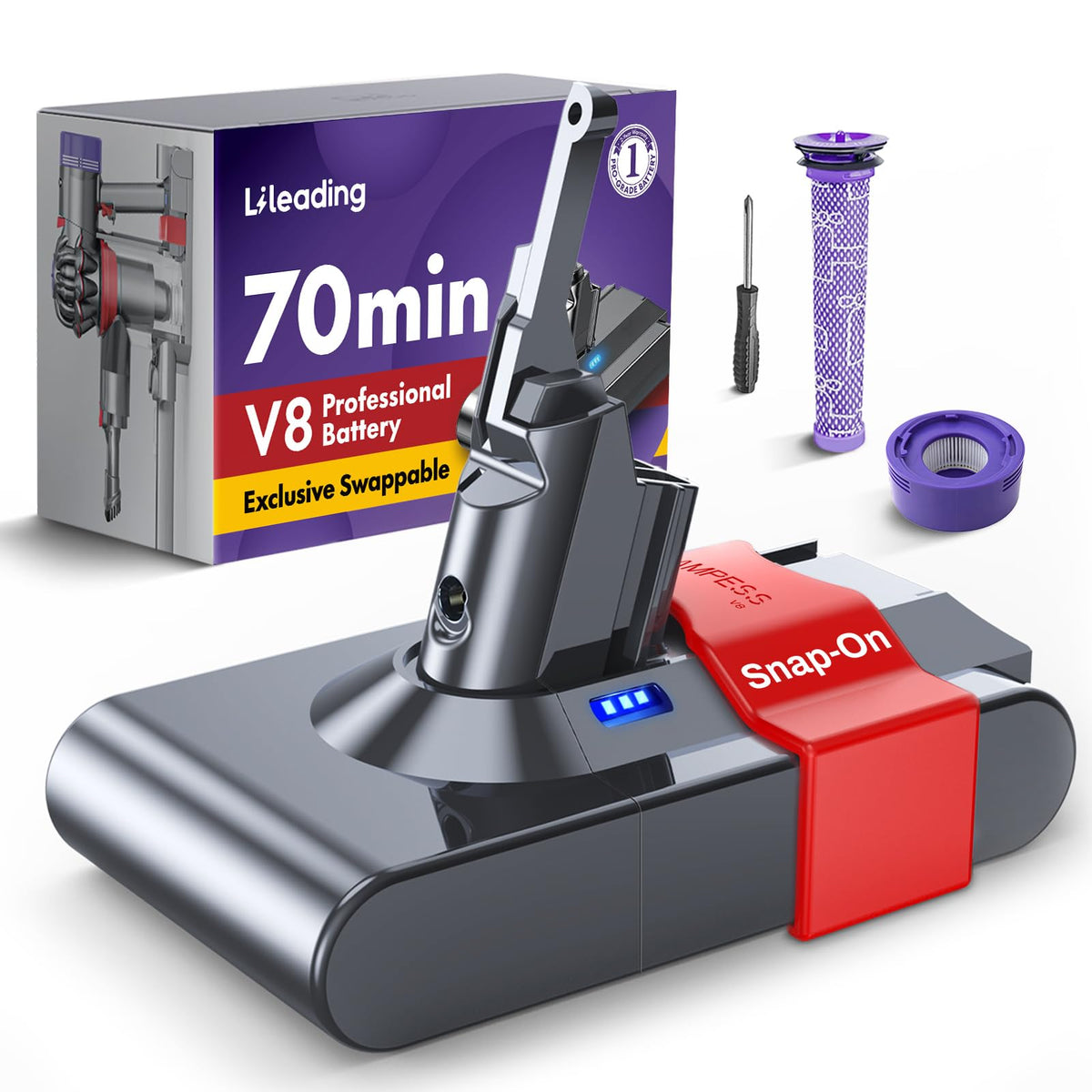 LiLeading Dyson V8 swappable battery in use for quick, tool-free replacement.