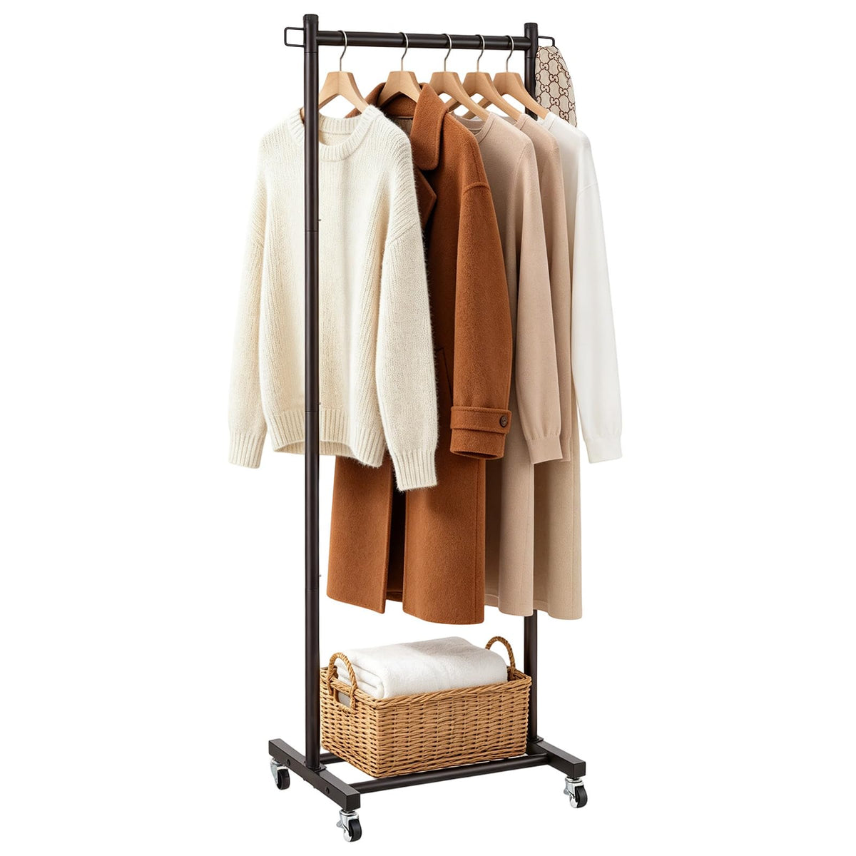 LiaMeE 63-inch tall clothes rack maximizing vertical storage for long dresses.