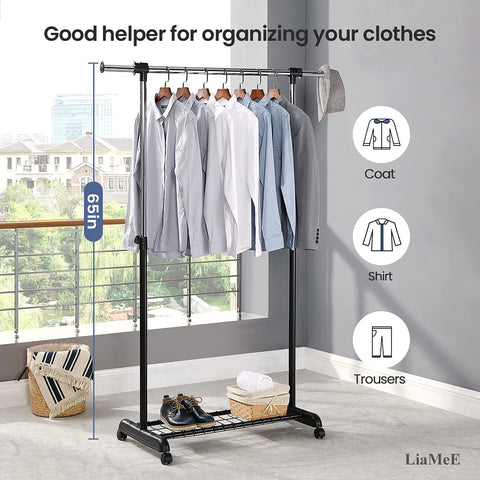 LiaMeE free-standing rolling rack blends black and chrome for a modern look.