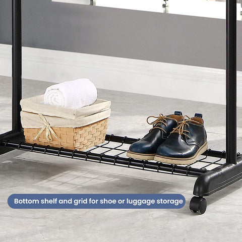 LiaMeE sturdy black chrome finish complements storage areas and boutiques.