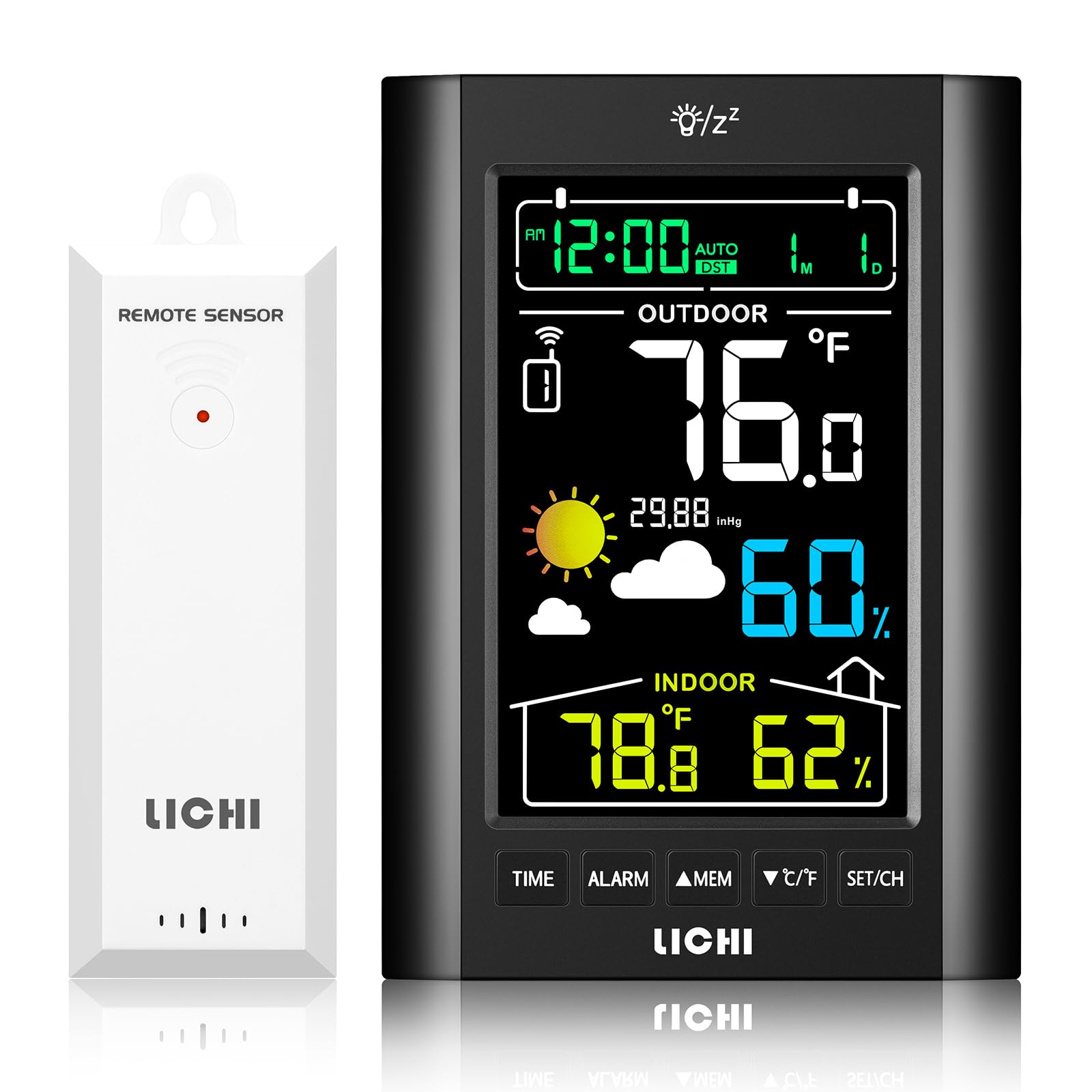 LICHI Weather Station display front view with a large LCD for quick at-a-glance readings