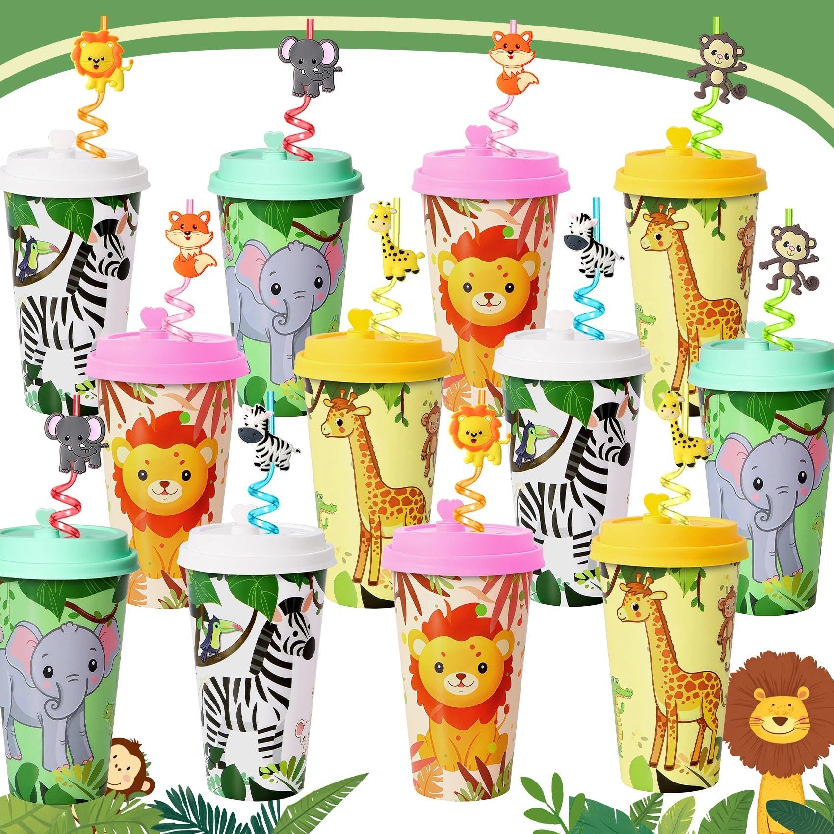 Lidmada Jungle Animal cups with lids, 16 oz, ideal for kid-friendly celebrations.