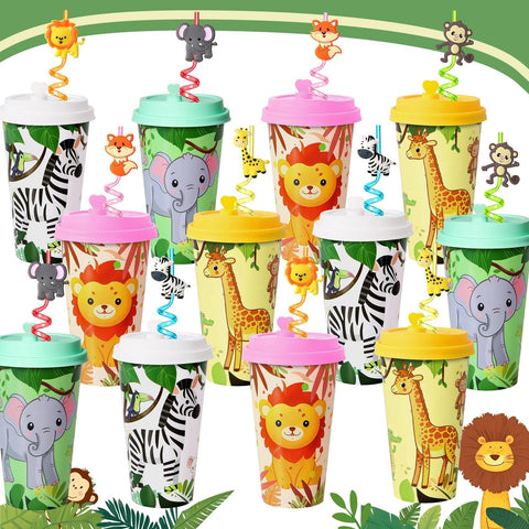 Lidmada Jungle Animal cups with lids, 16 oz, ideal for kid-friendly celebrations.