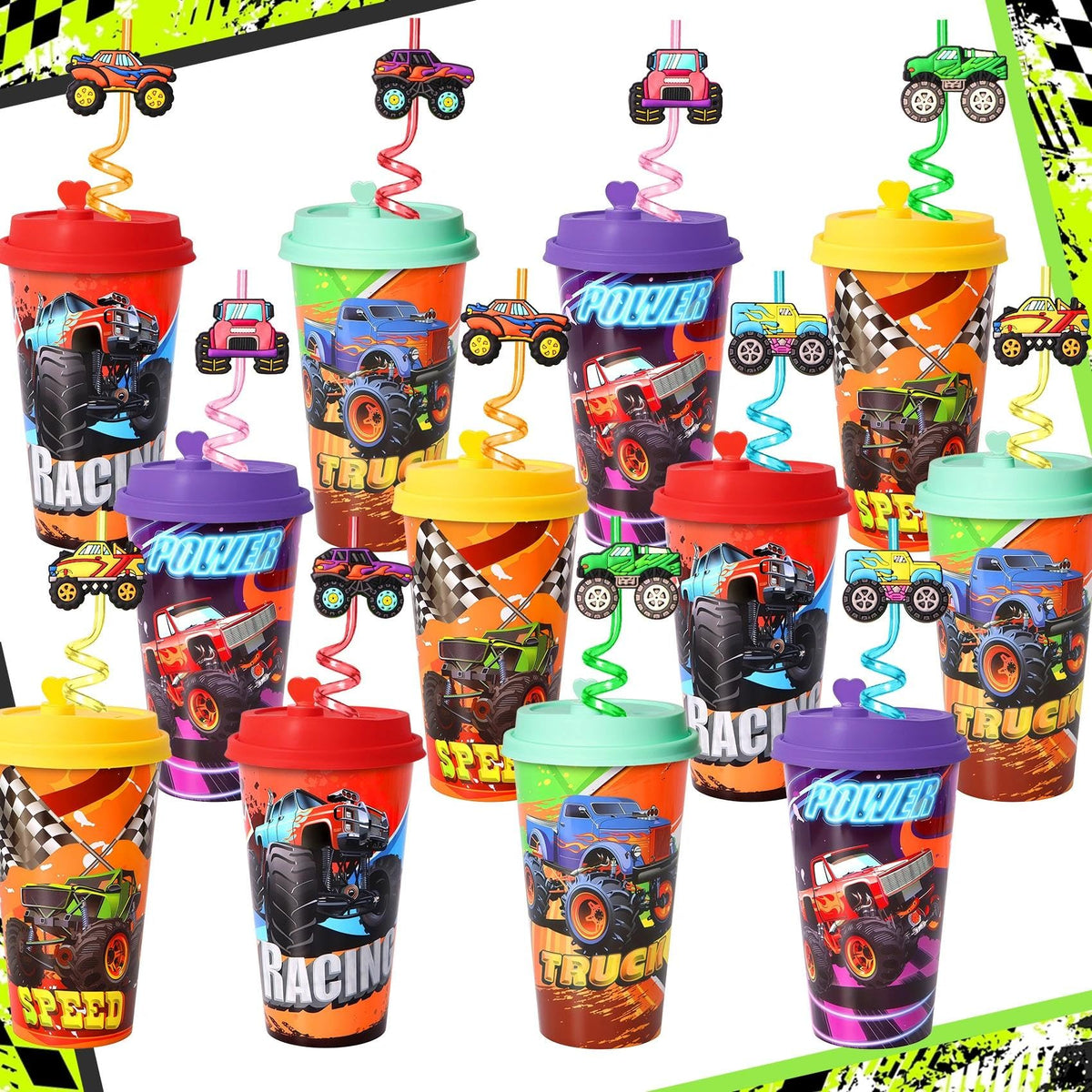Lidmada Monster Truck Cups 24-set shown as a vibrant party display