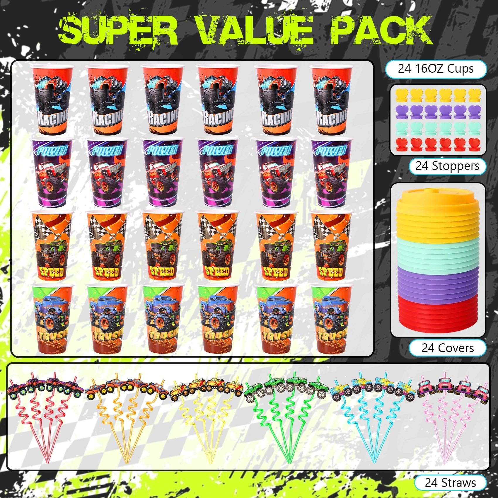 Lidmada Monster Truck Cups enhancing birthday party decor