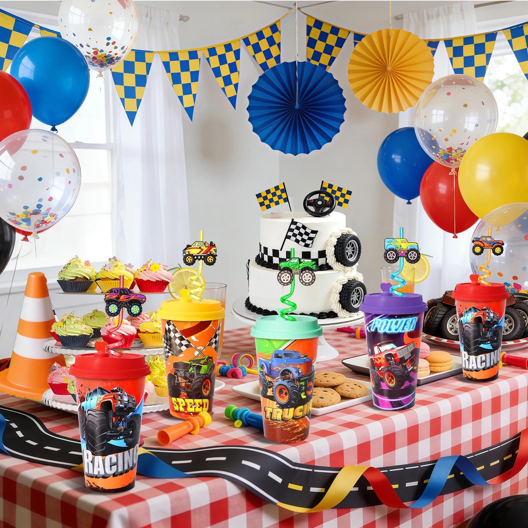 Lidmada Monster Truck Cups featuring colorful, playful design for decor