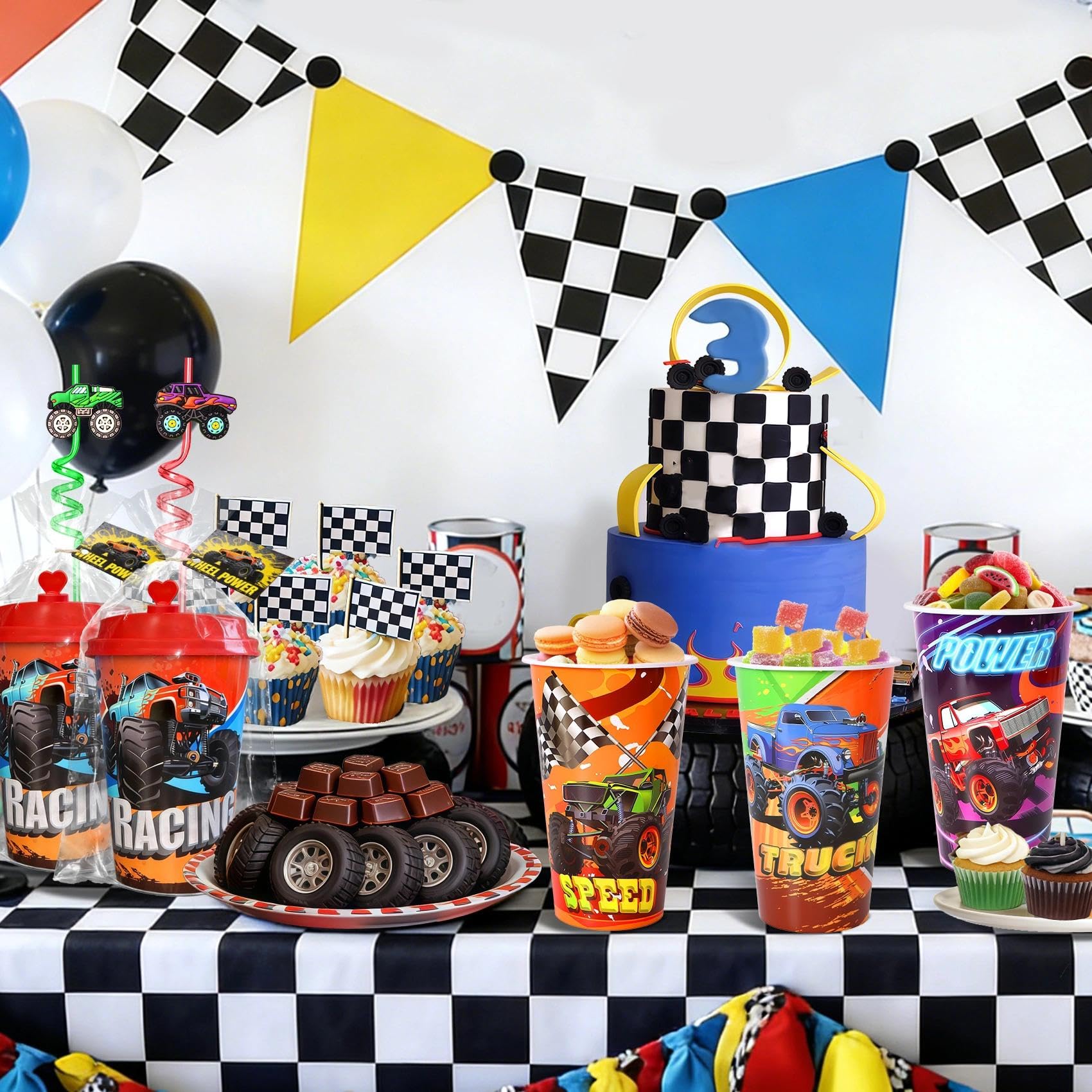 Lidmada Monster Truck Cups with lids arranged for spill protection