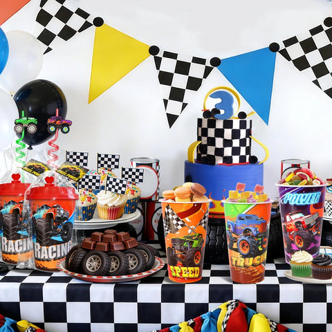 Lidmada Monster Truck Cups with lids arranged for spill protection