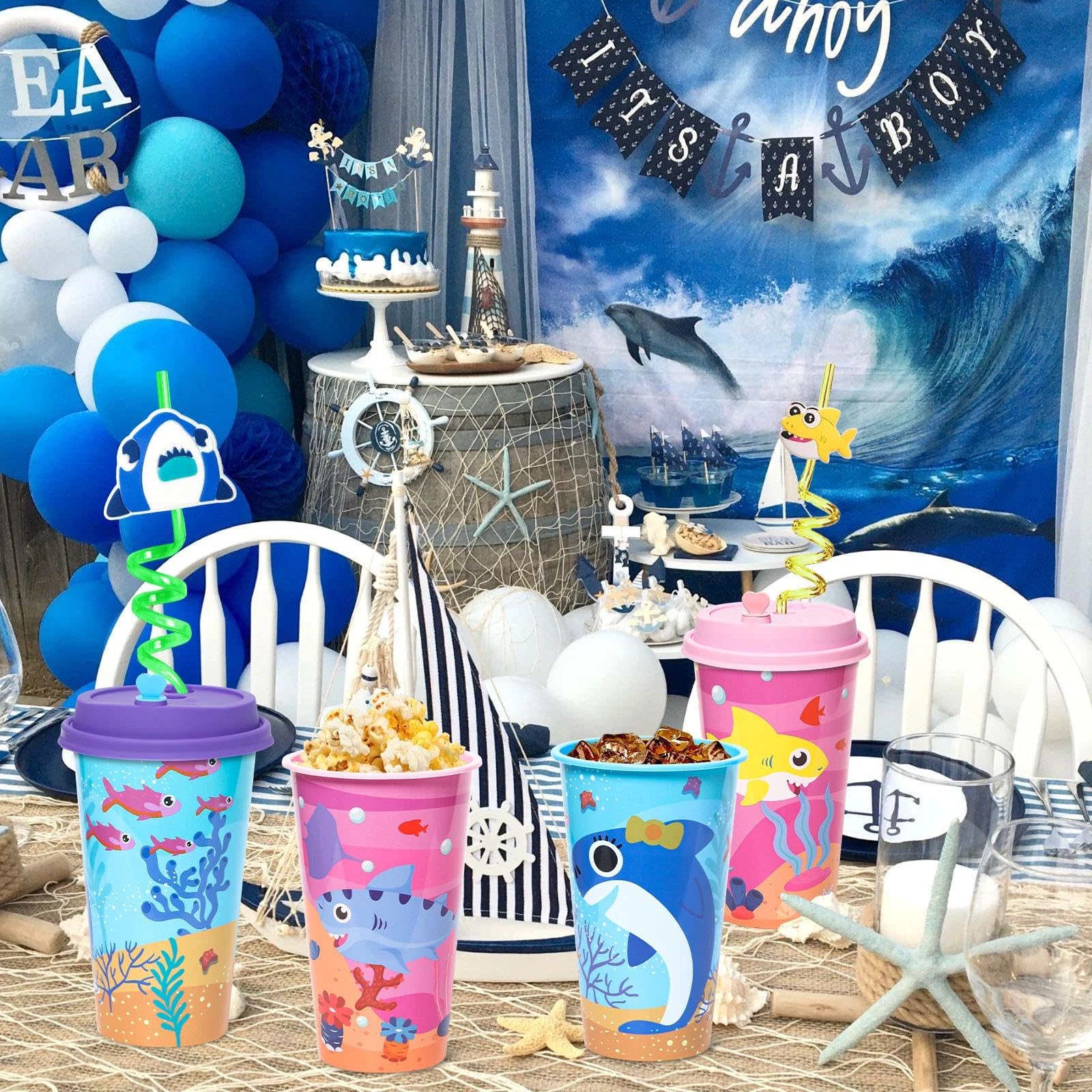 Lidmada Shark Cups arranged for a playful photo booth backdrop