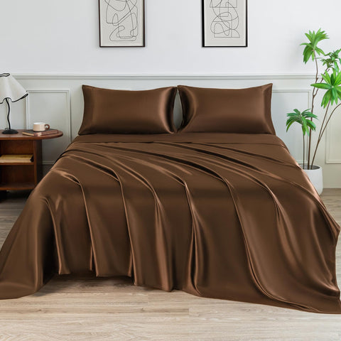 LIFCOM satin queen flat sheet in brown with silk-like sheen for luxurious comfort
