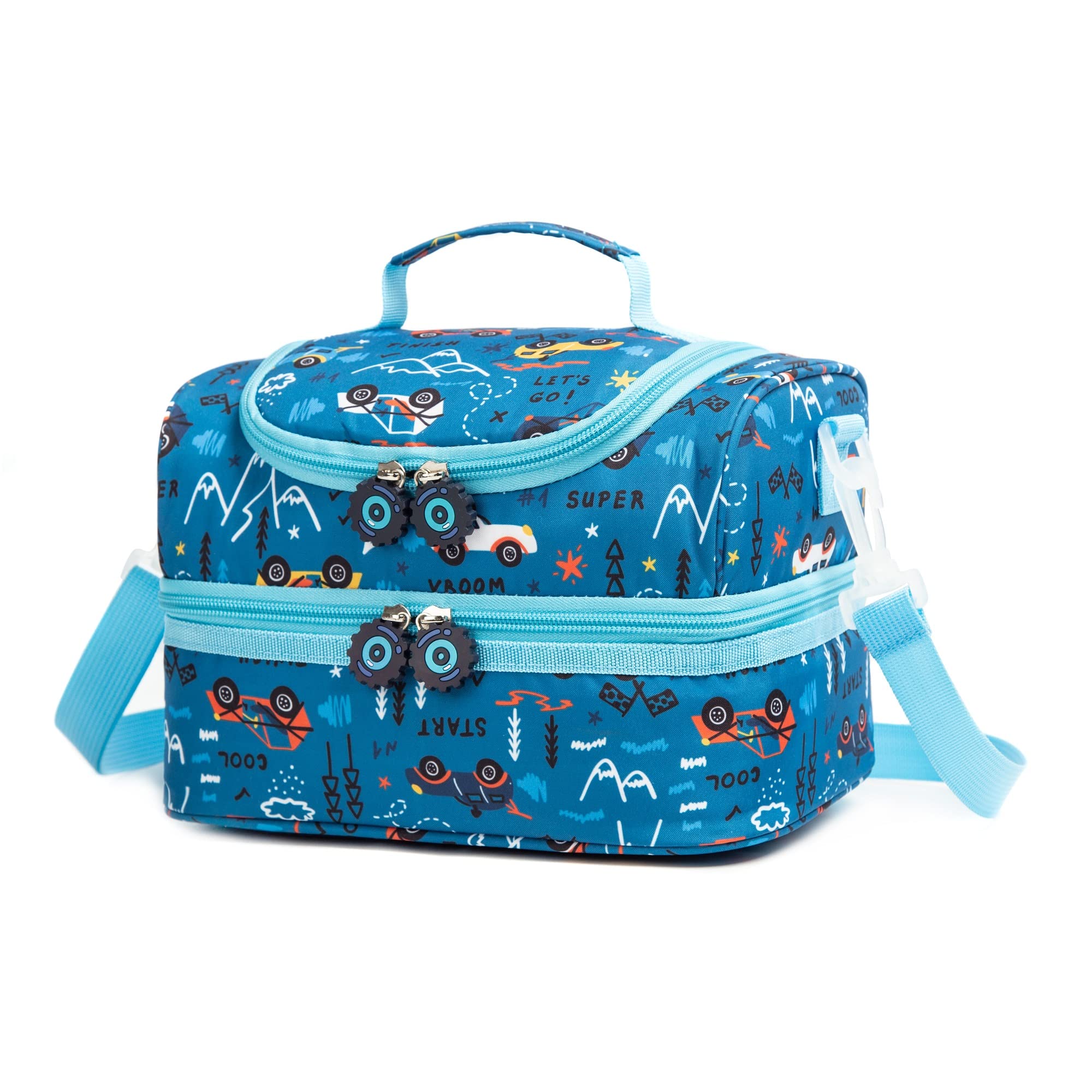 Life on Track insulated kids lunch bag blue car design keeps meals fresh at school.