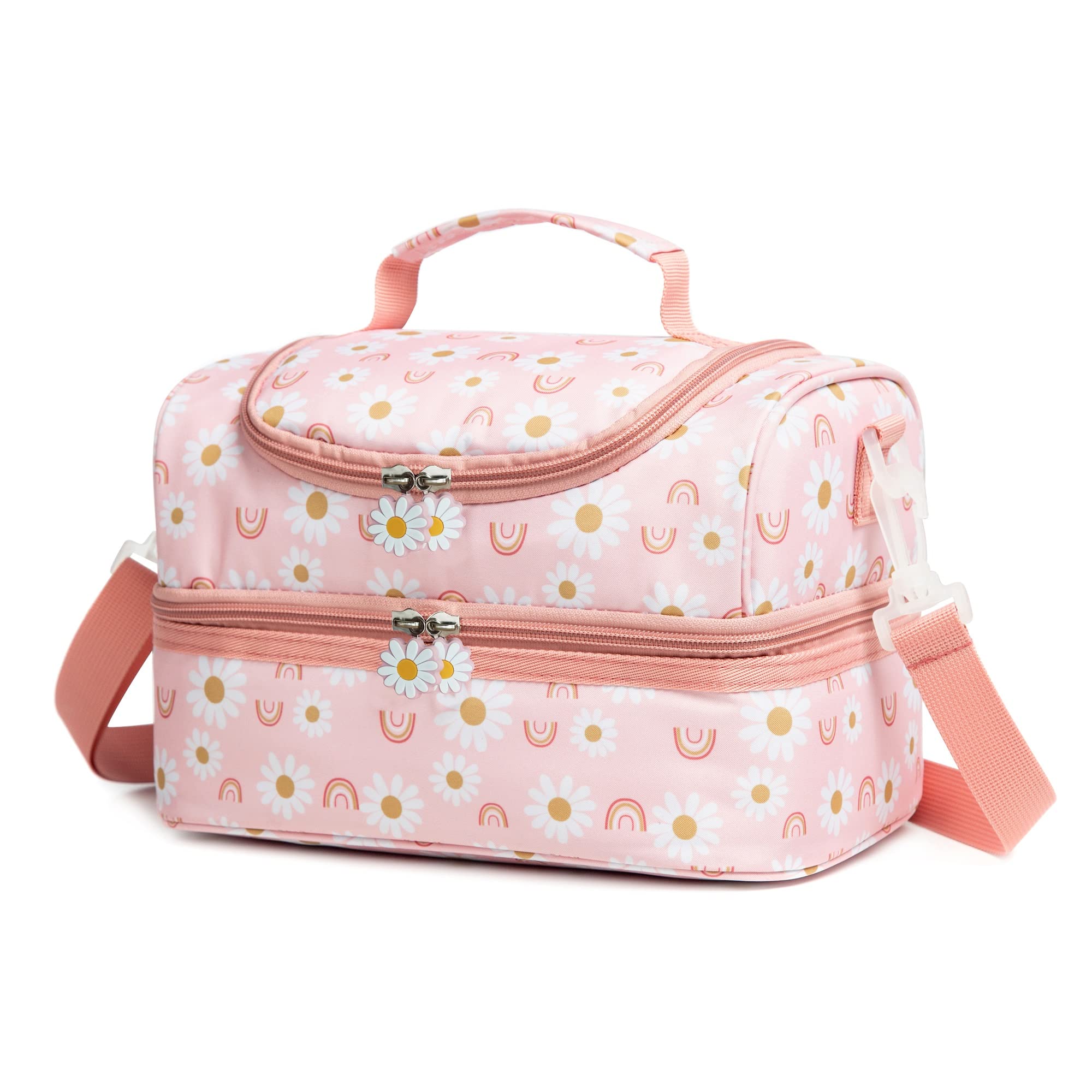 Life on Track Rainbow Daisies lunch bag front view showing dual compartments and cheerful design.