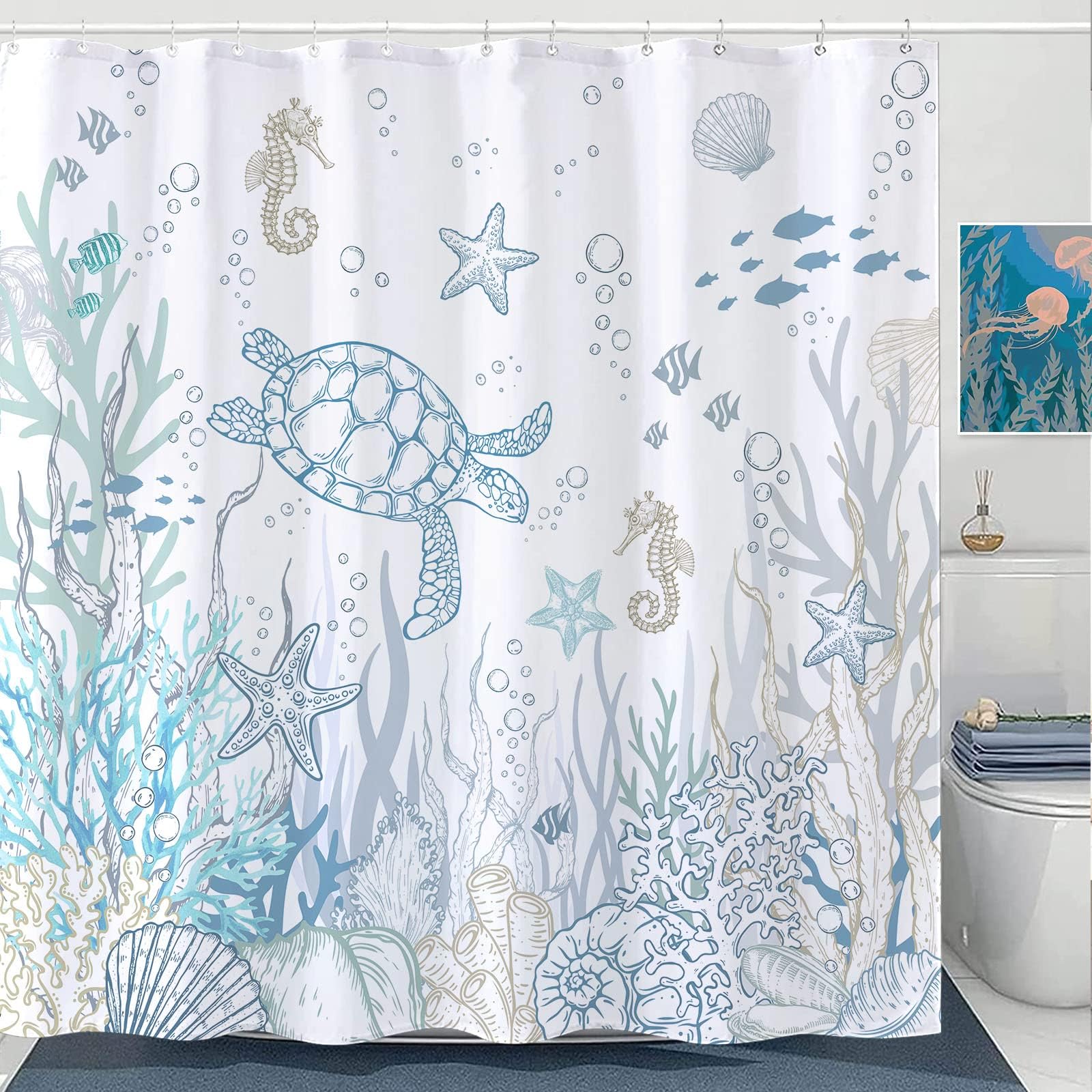 Lifeella detailed ocean scene with turtles and seahorses enhances bathroom decor