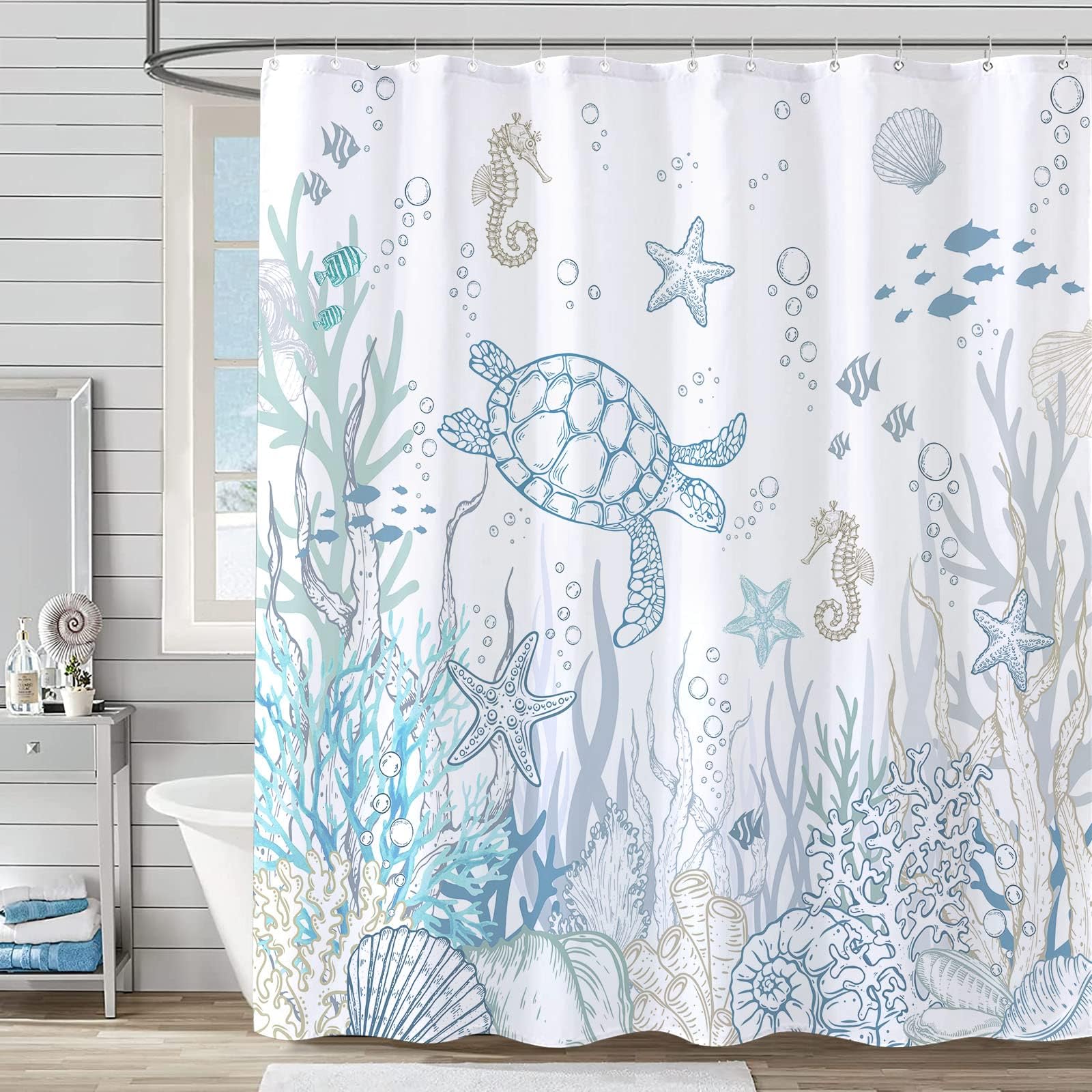 Lifeella nautical turtle shower curtain featuring a vivid sea turtle scene for a lively bathroom