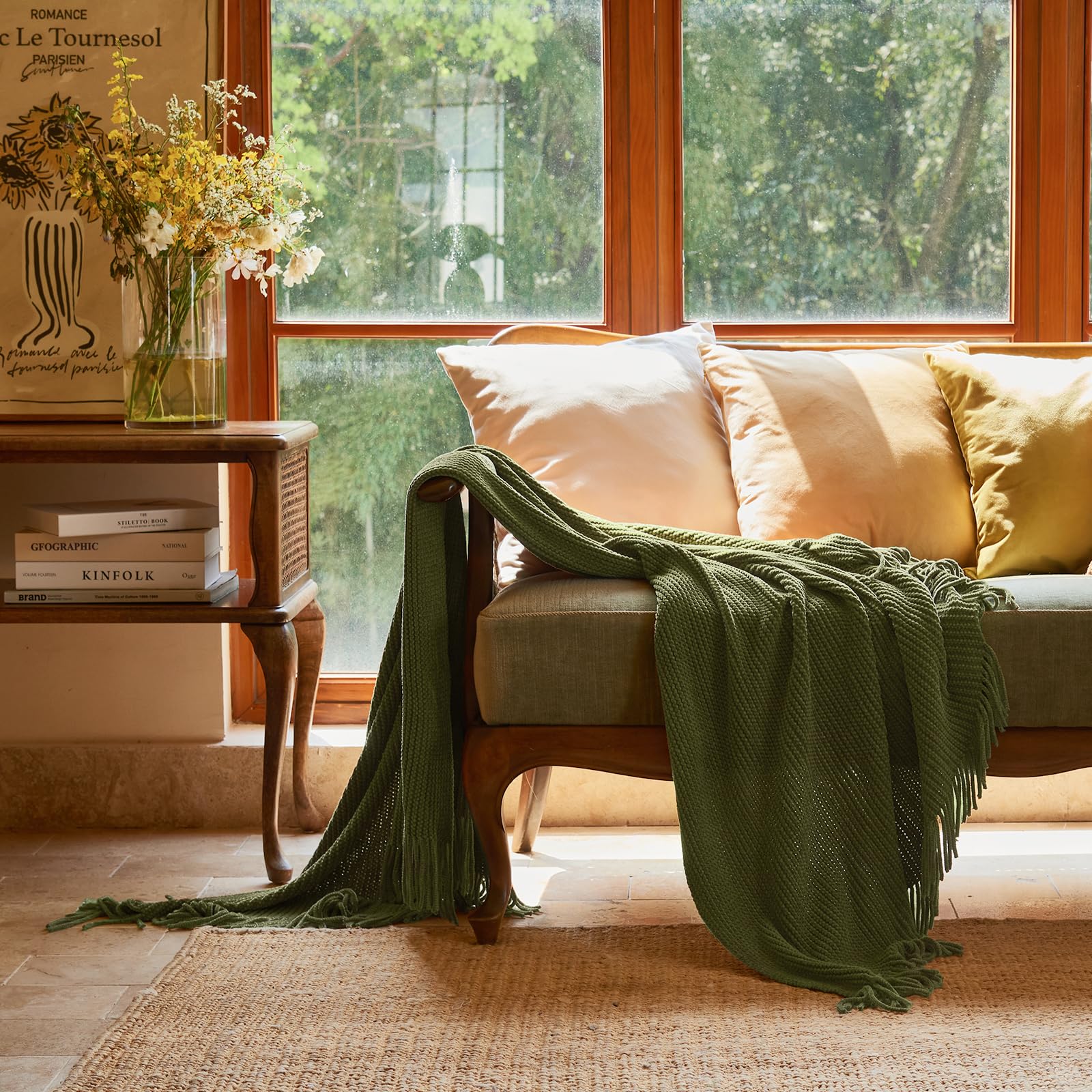 Lifein olive green throw closeup chenille texture for warmth