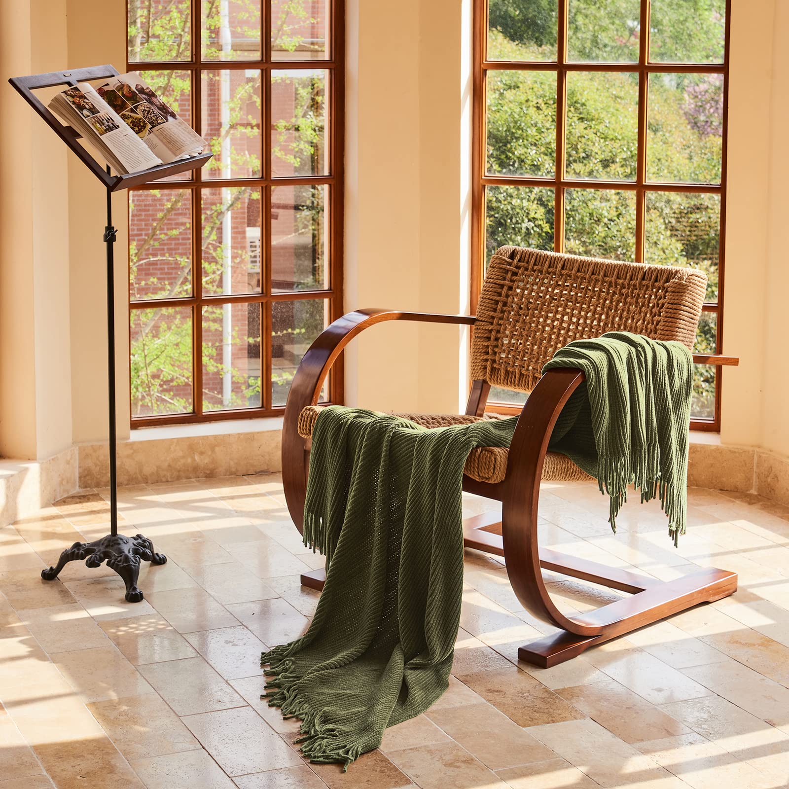Lifein olive green throw with rustic fringes for farmhouse vibe