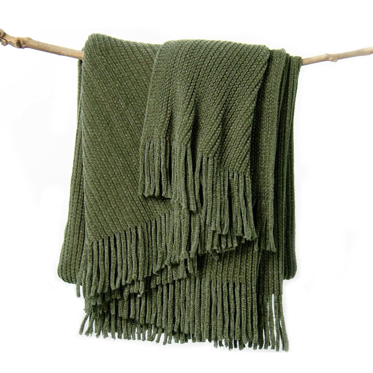 Lifein olive green throw on couch, cozy decorative blanket