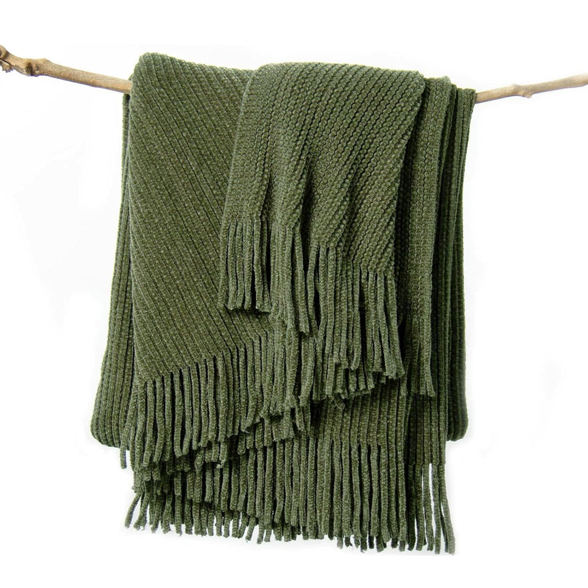 Lifein olive green throw on couch, cozy decorative blanket