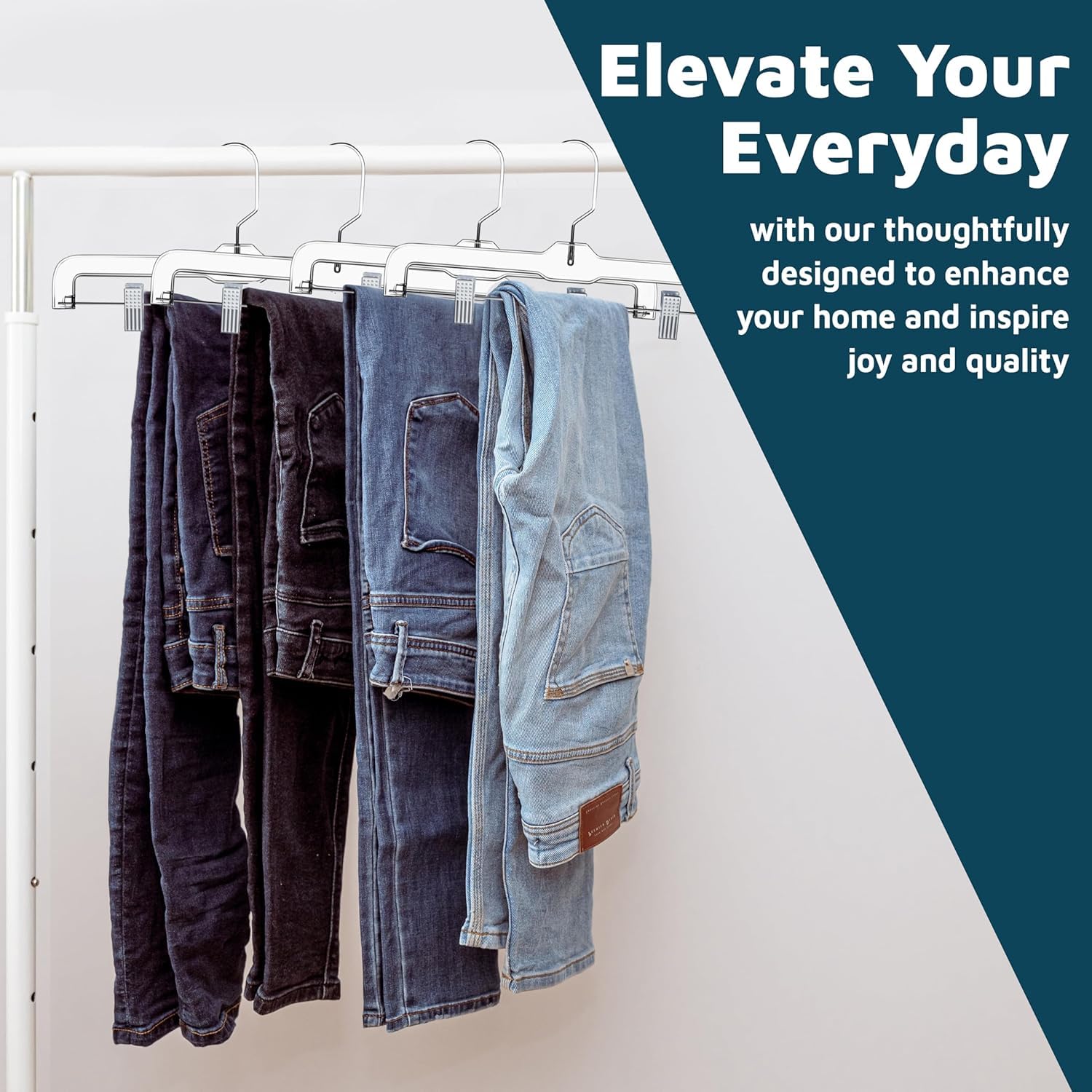 Lifemaster 14-inch hangers with slack-adjustable clips for pants and skirts.