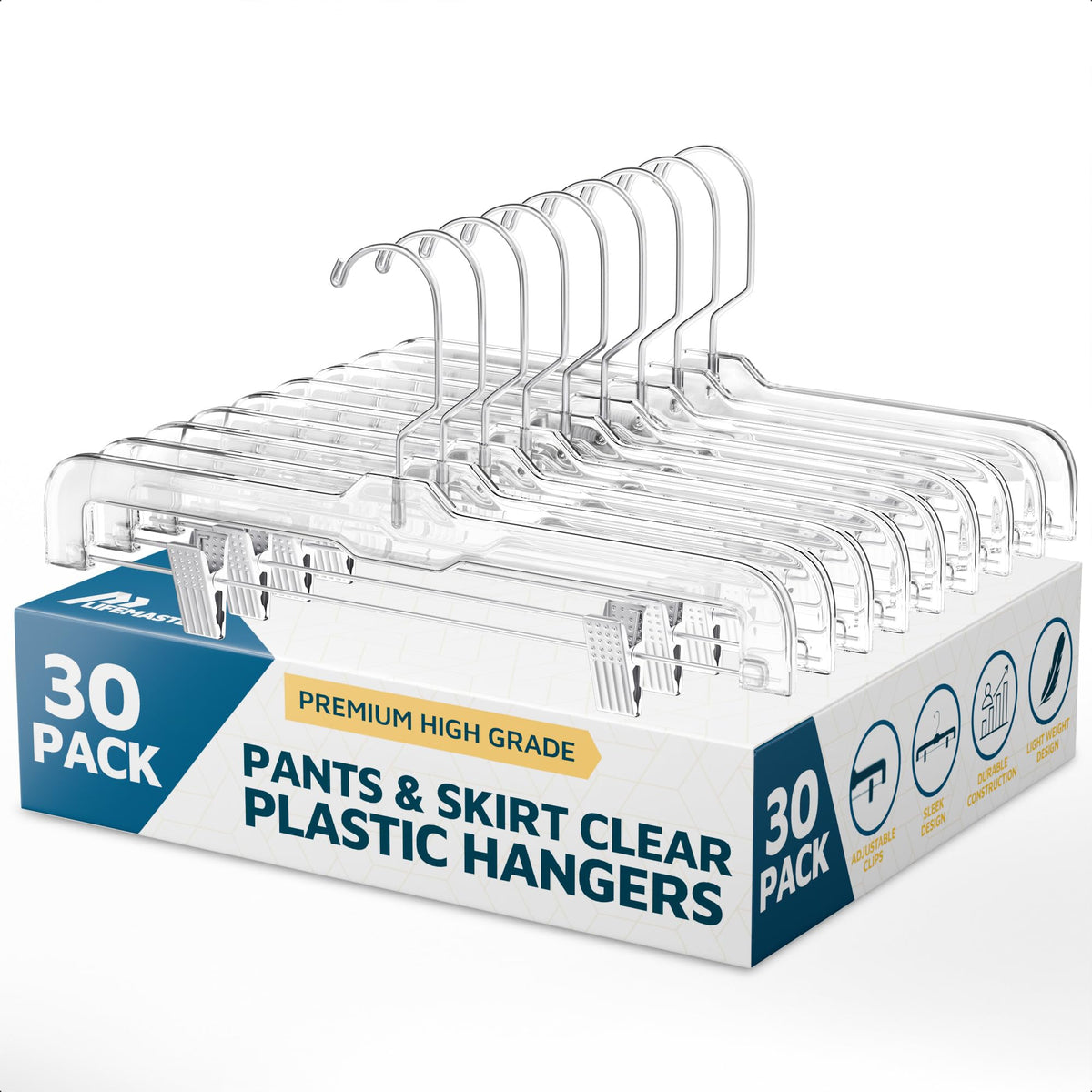 Lifemaster clear-hangers 30-pack in a tidy closet for space-saving organization.