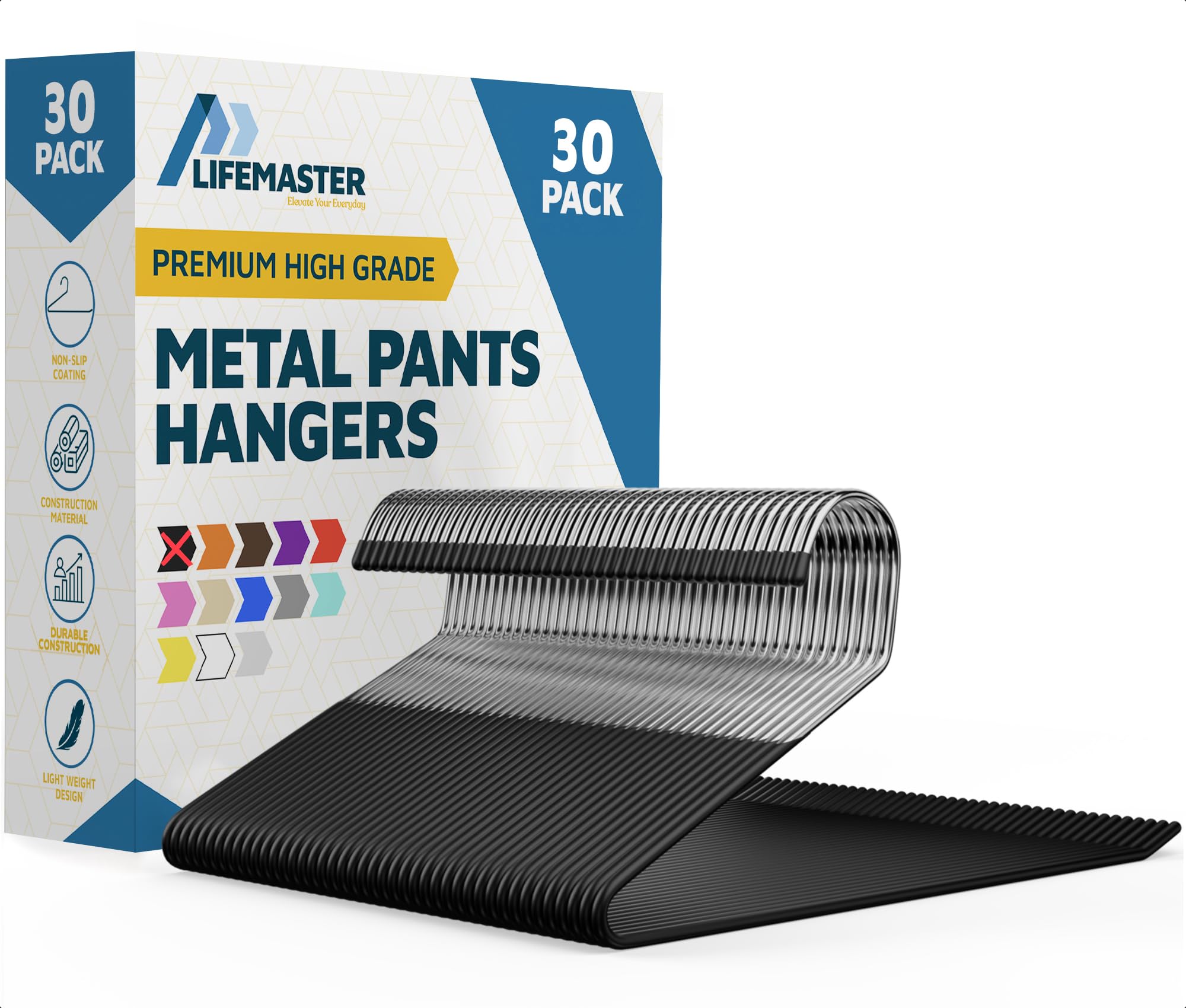 Lifemaster metal pants hangers with rubber grip securely holds waistbands.