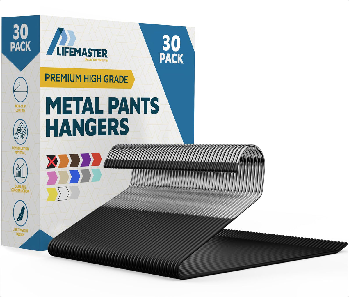 Lifemaster metal pants hangers with rubber grip securely holds waistbands.