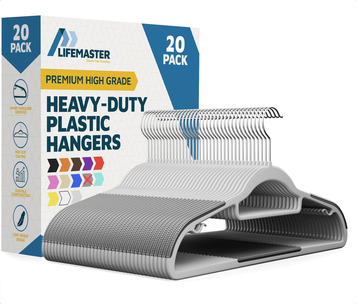 Lifemaster non-slip hangers with compact slim design maximize closet space.