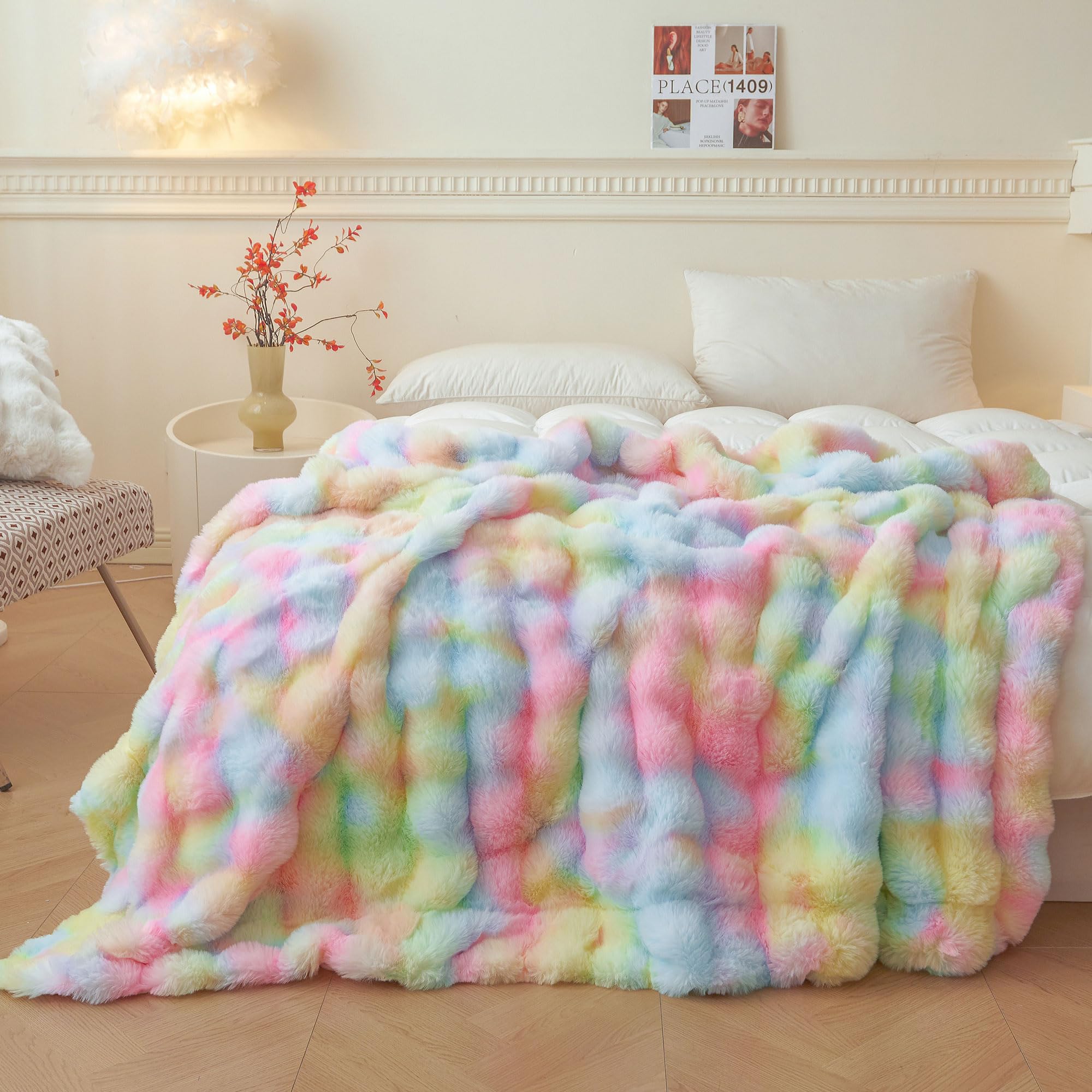 LIFEREVO fluffy faux rabbit fur bubble throw shows plush texture for cozy warmth on seating