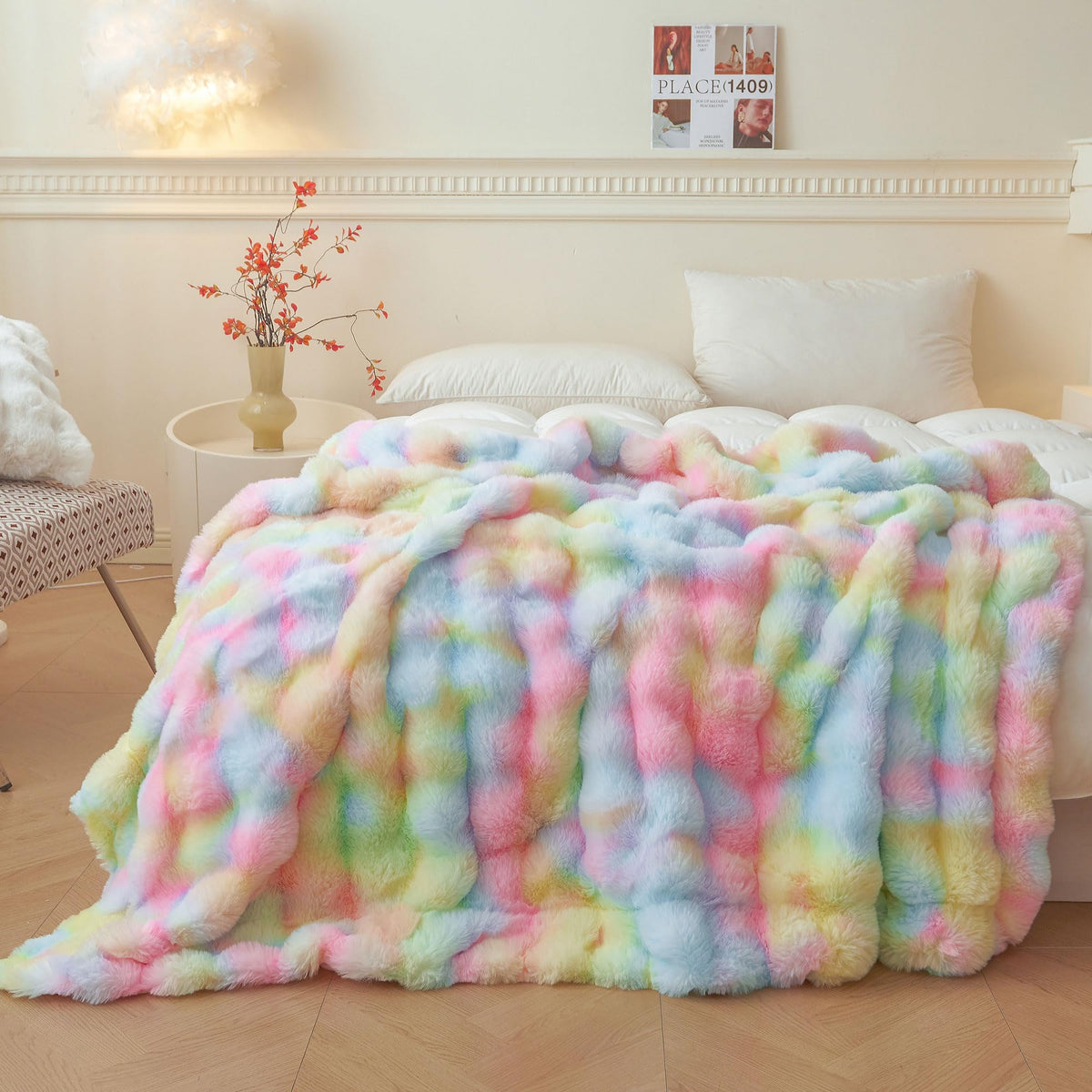 LIFEREVO fluffy faux rabbit fur bubble throw shows plush texture for cozy warmth on seating