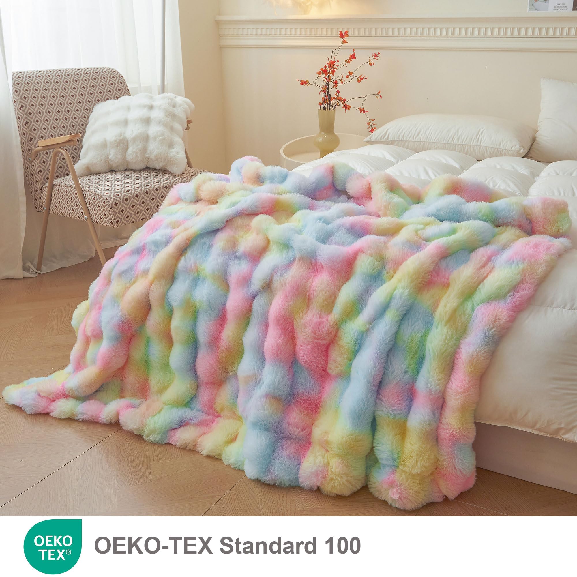 LIFEREVO rainbow plush shaggy blanket on sofa adds vibrant style and soft comfort