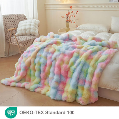 LIFEREVO rainbow plush shaggy blanket on sofa adds vibrant style and soft comfort