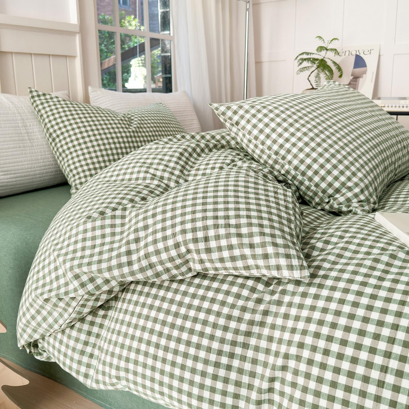 LifeTB green gingham set in bedroom with rustic decor.