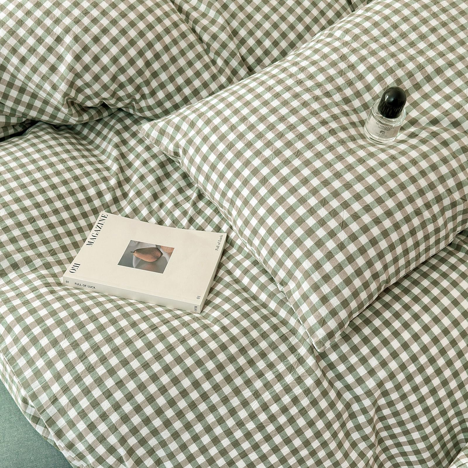 LifeTB gingham comforter care shot emphasizes machine washable convenience.