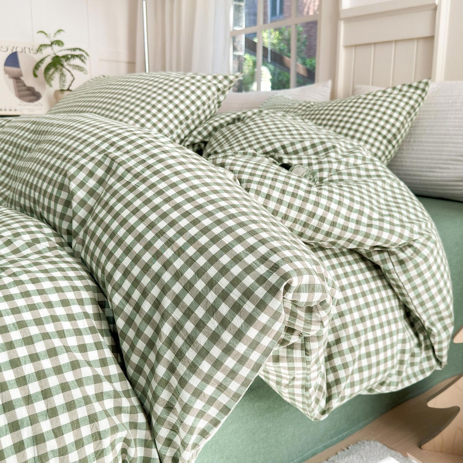 LifeTB Green Gingham comforter king setup highlights cozy all season warmth.