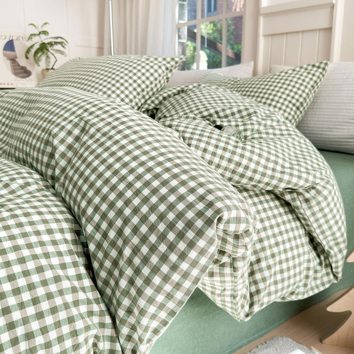 LifeTB Green Gingham comforter king setup highlights cozy all season warmth.