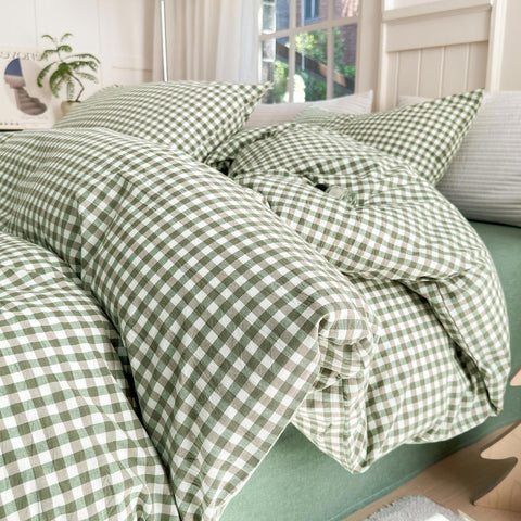 LifeTB Green Gingham comforter king setup highlights cozy all season warmth.