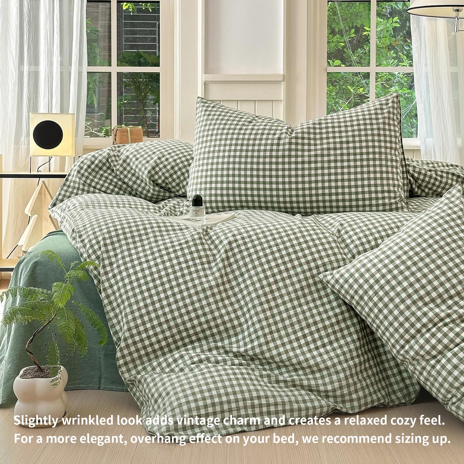 LifeTB green gingham comforter close-up highlights soft breathable cotton cover.