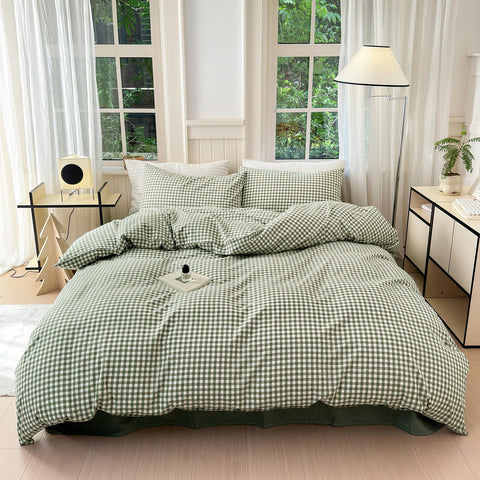 LifeTB Green Gingham pillowcase close view supports easy bed styling.