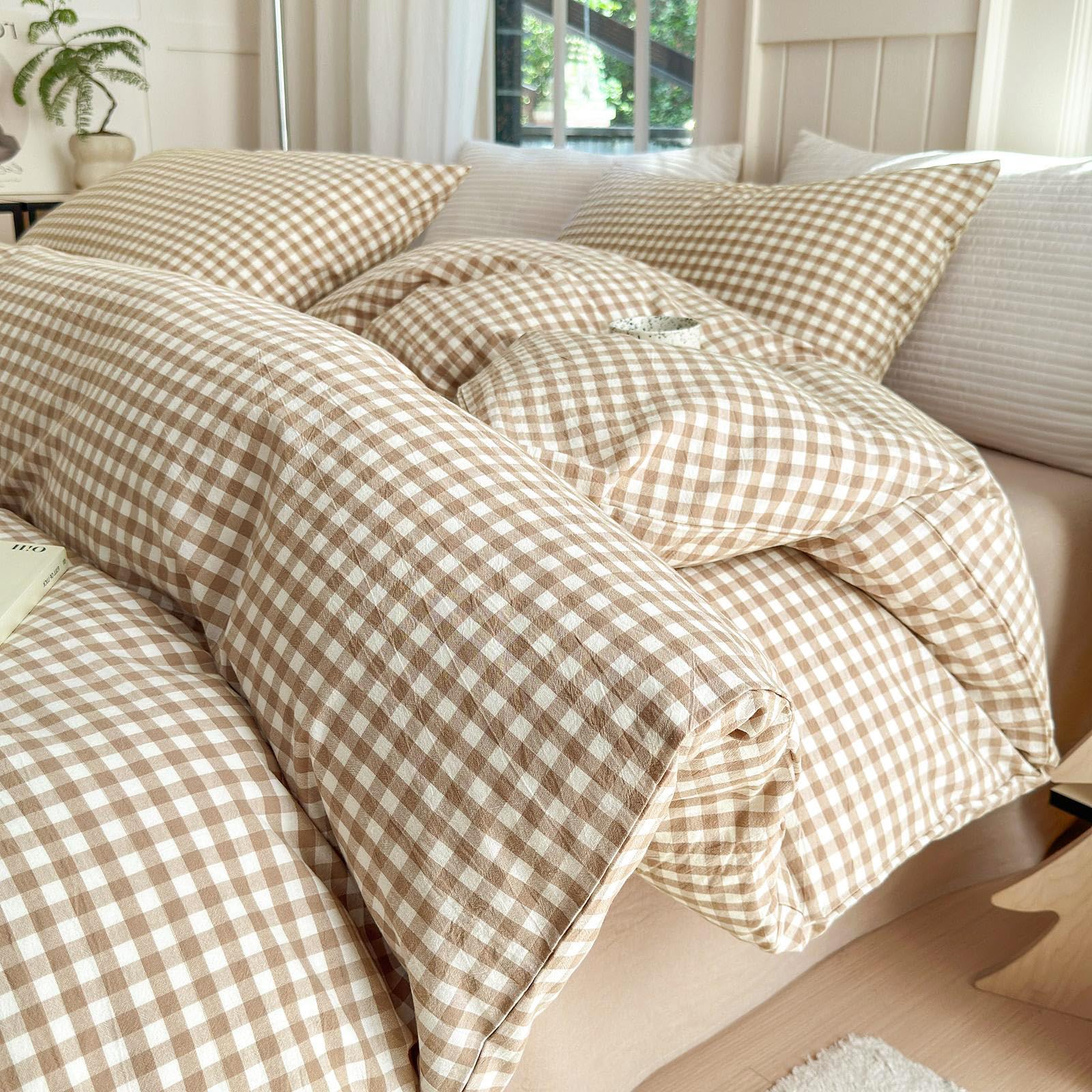 LifeTB Queen Comforter Set in tan gingham, cozy and breathable for all seasons.