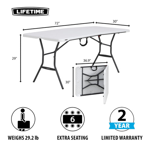 Lifetime 6-Foot Fold-In-Half Table edge-durability reinforces corners against impact.