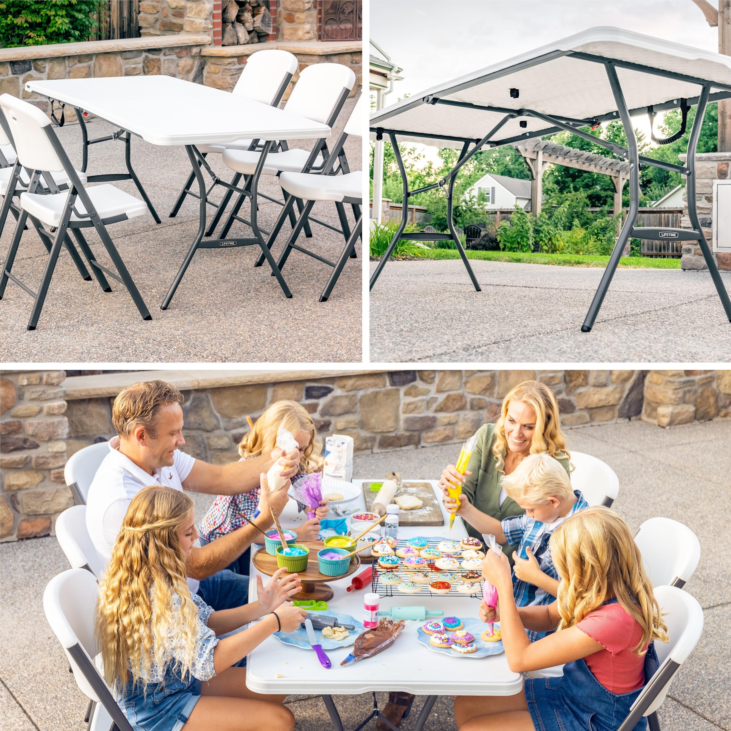 Lifetime 6-Foot Fold-In-Half Table UV weather-resistant surface for outdoor use.