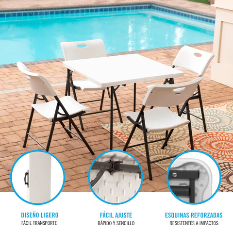 Lifetime 80273 fold-in-half table carry handle enables easy portability.